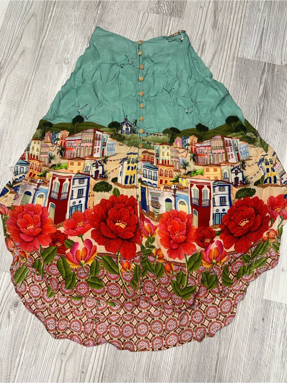 FARM Rio Teal Maxi Skirt with Red Floral & Multicolor Cityscape